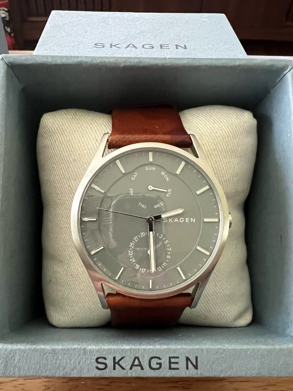 Skagen Men's Brown Leather Strap Watch with Gray Dial